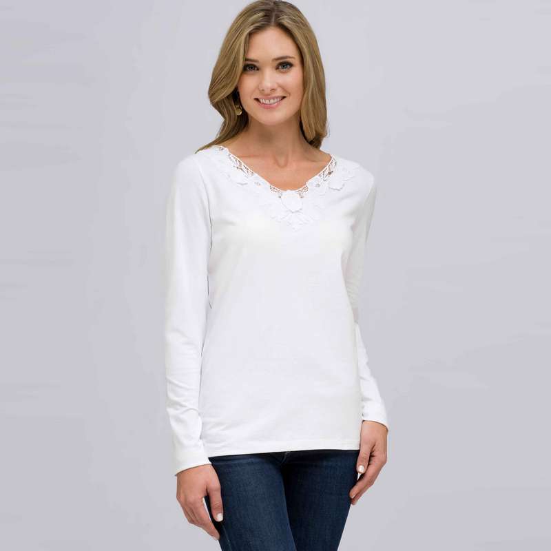 Long Sleeve V-Neck Top, White, large image number 0